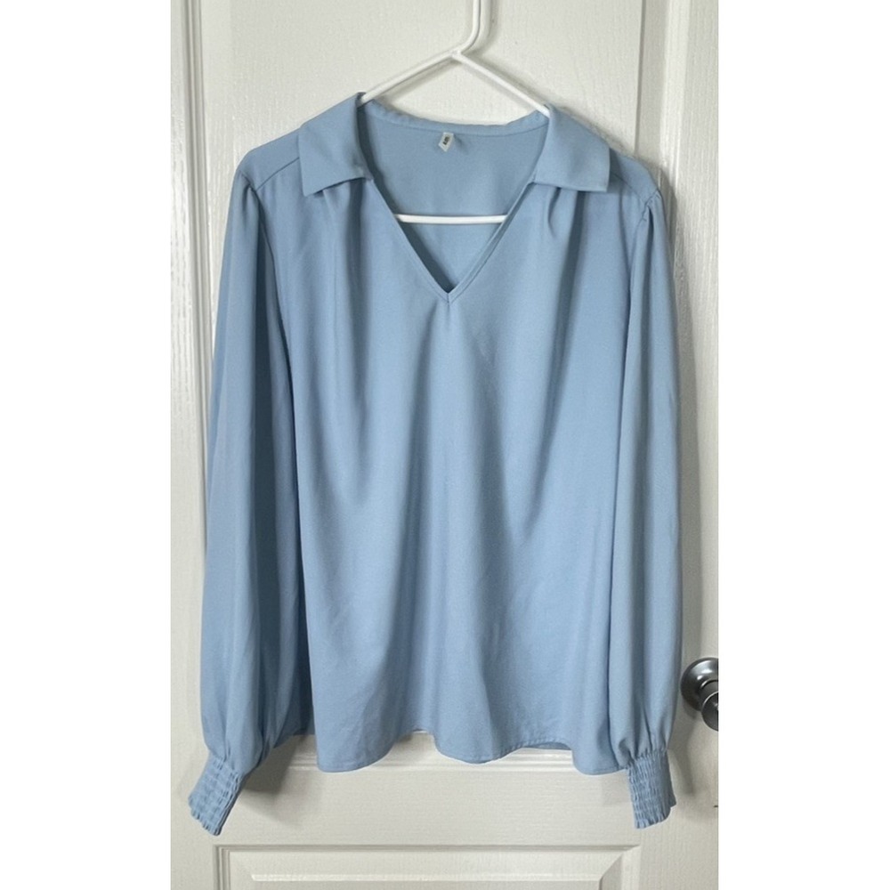 Halara Wrinkle Resistant Chiffon V-Neck Blouse Shirt Long Sleeve Blue XL Casual